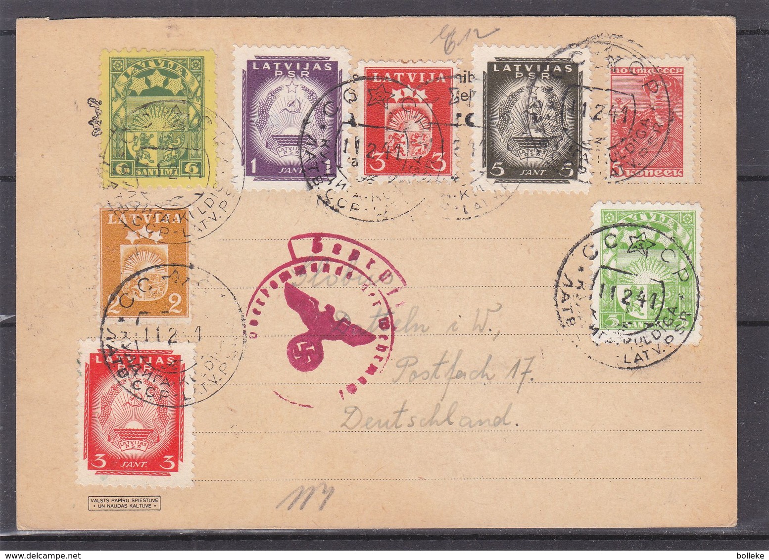 Lettonie - Carte Postale De 1941 - Oblit Kuldiga - Exp Vers Datteln - Avec Censure - Avec Timbres Russes Et Lettoniens - Lettland