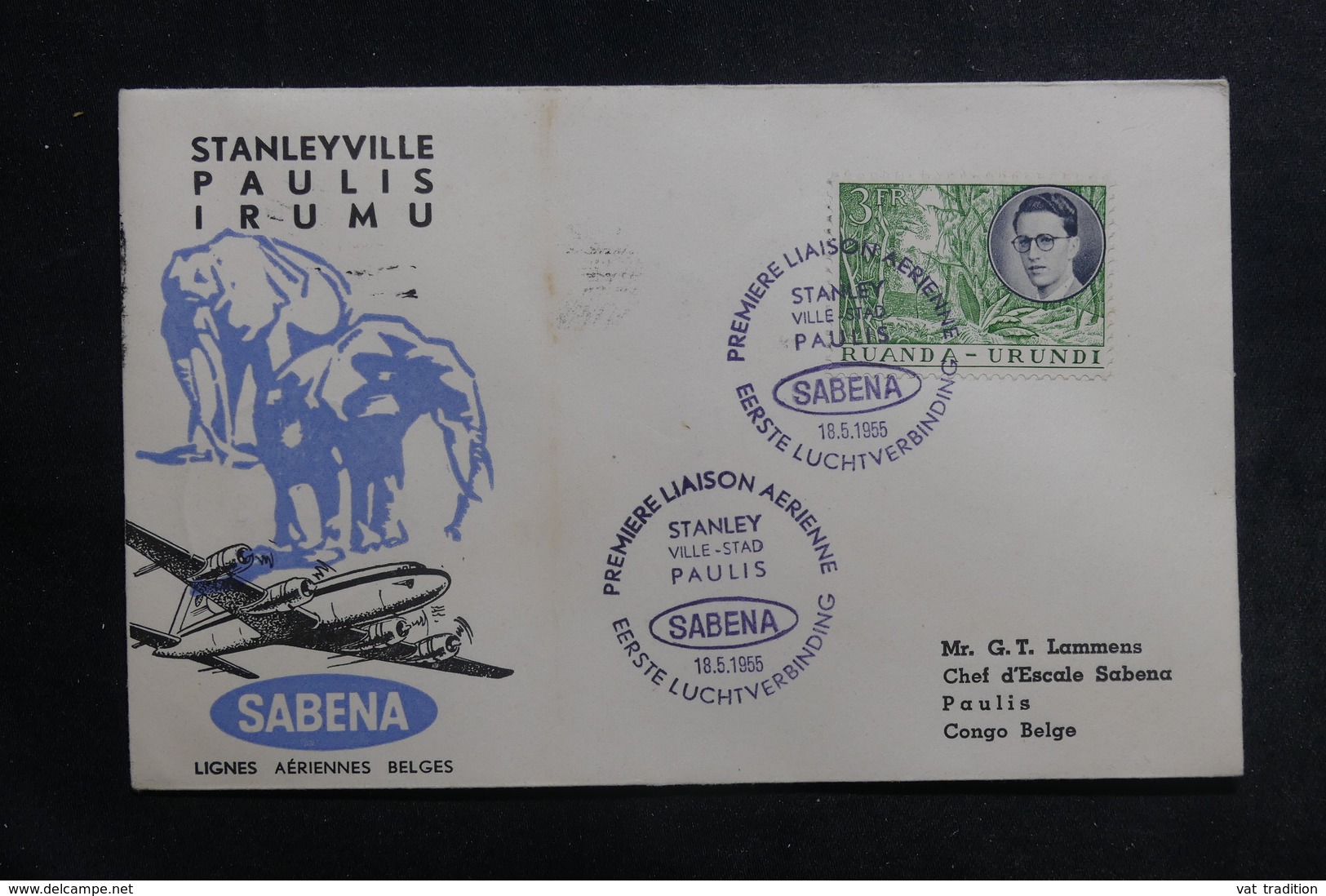 RUANDA-URUNDI - Enveloppe 1er Vol Stanley / Paulis En 1955, Affranchissement Et Cachets Plaisants - L 41267 - Lettres & Documents