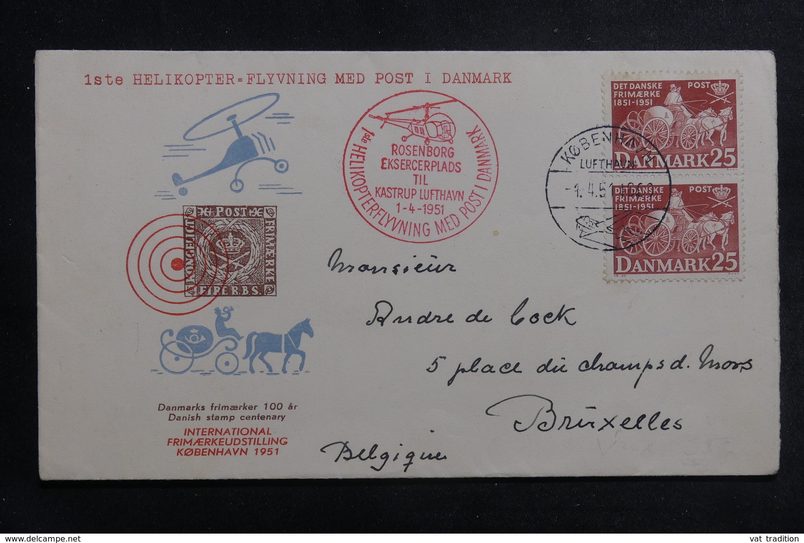 DANEMARK - Enveloppe 1er Vol Par Hélicoptère Pour La Belgique En 1951, Affranchissement Et Cachets Plaisants - L 41268 - Storia Postale
