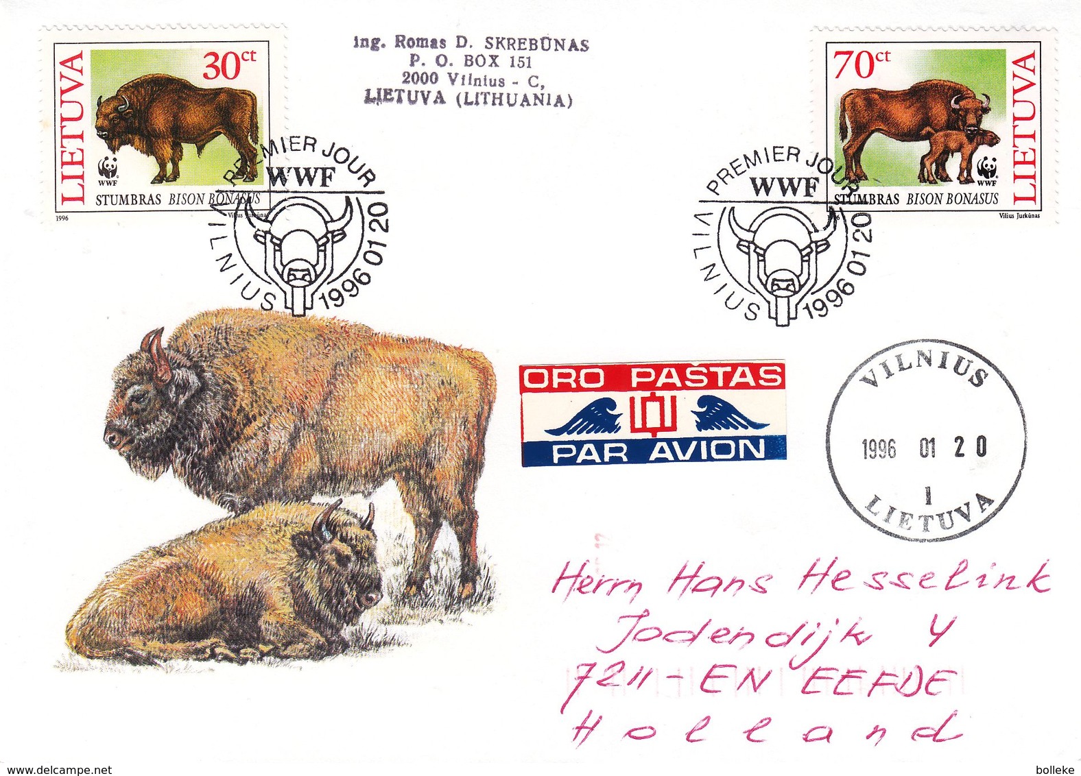 W.W.F. - Lituanie - Lettre De 1996 - Oblit Vilnius - Exp Vers Eefde - Bisons - Panda - Lituania