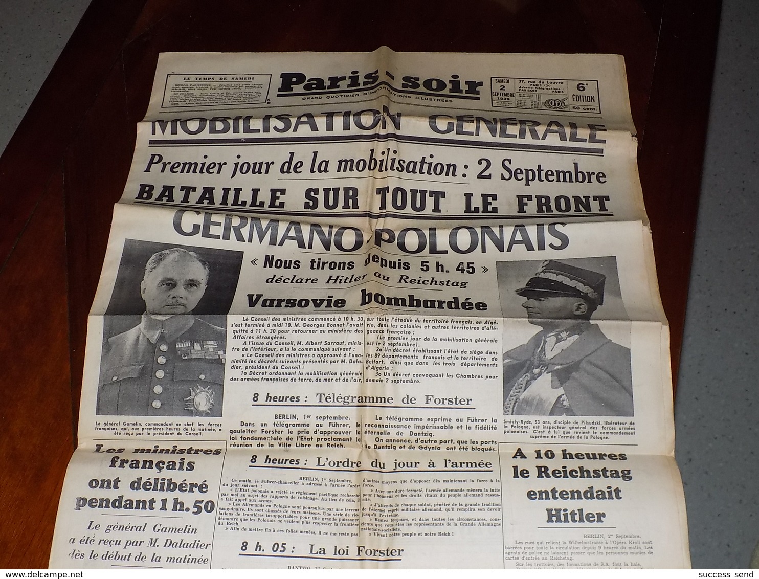PARIS-SOIR Samedi 2 SEPTEMBRE 1939 MOBILISATION GENERALE BATAILLE ALLEMAGNE-POLOGNE VARSOVIE BOMBARDEE... - French