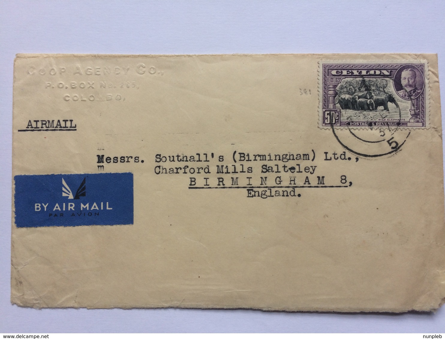 CEYLON George V 1937 Air Mail Cover Colombo To Birmingham England - Ceylan (...-1947)