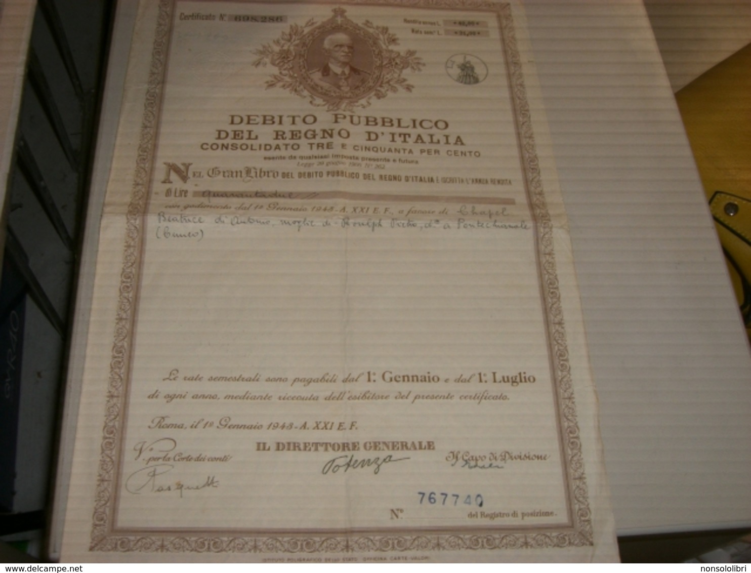 CERTIFICATO NOMINATIVO DEBITO PUBBLICO DEL REGNO D'ITALIA 1943 - Altri & Non Classificati