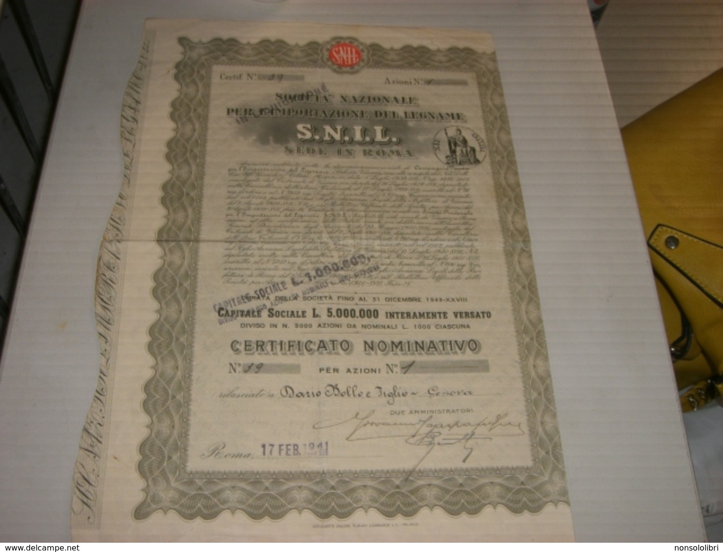 CERTIFICATO NOMINATIVO PER AZIONI N.1 1941 SOCIETA' NAZIONALE PER L'IMPORTAZIONE DEL LEGNAME S.N.I.L - Verkehr & Transport