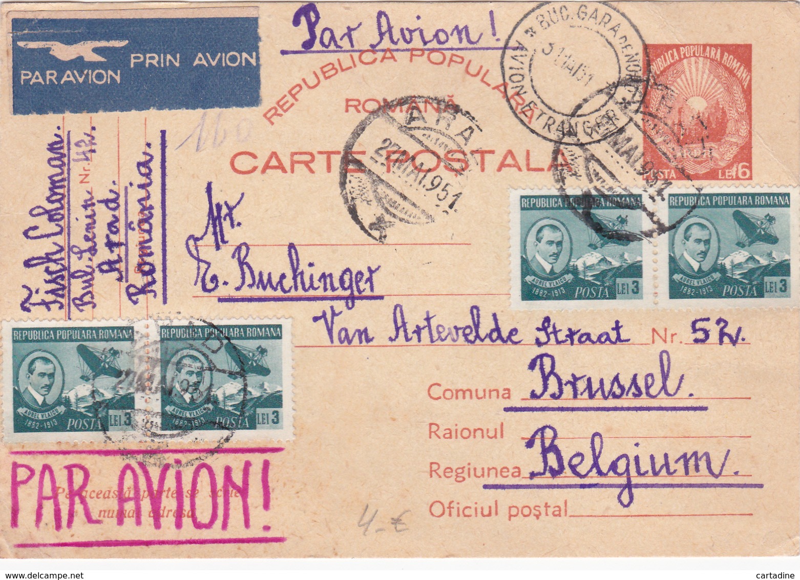 Entier  Postal Stationery - ROUMANIE / ROMANA - 1951 - Par Avion - Postal Stationery