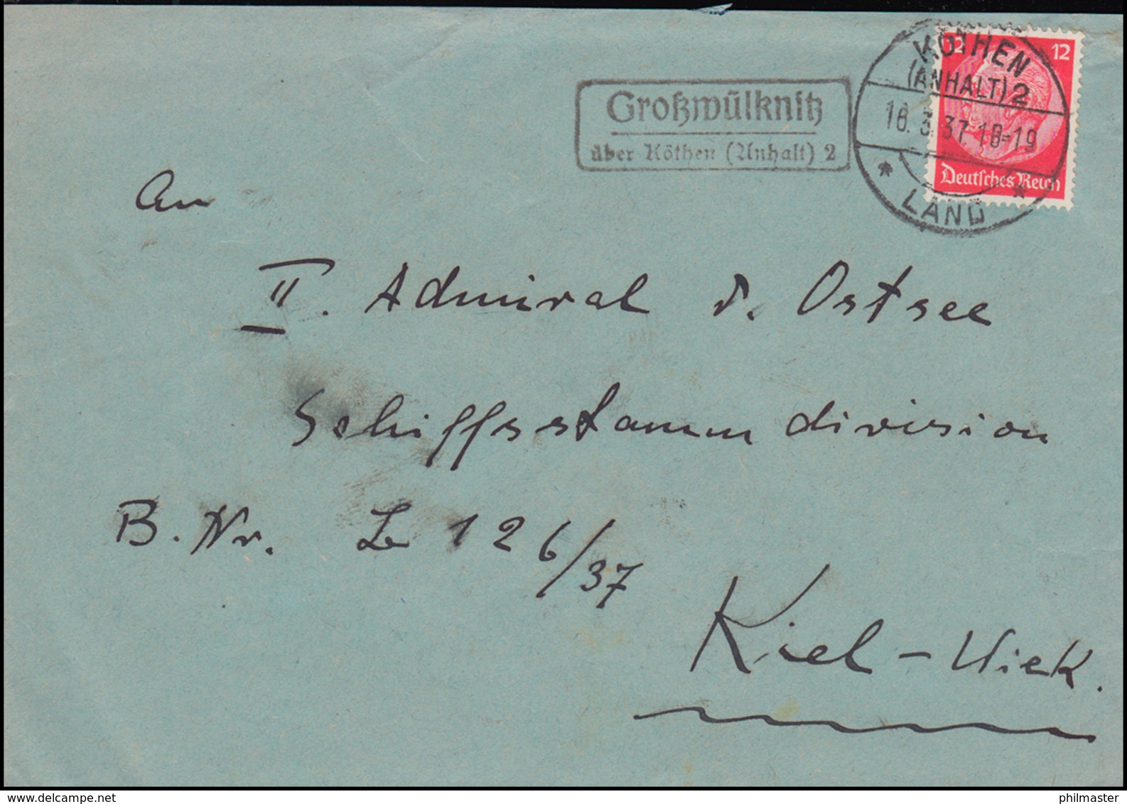 Landpost-Stempel Großwülknitz über Köthen (Anhalt) 2, Brief KÖTHEN LAND 16.3.37 - Altri & Non Classificati