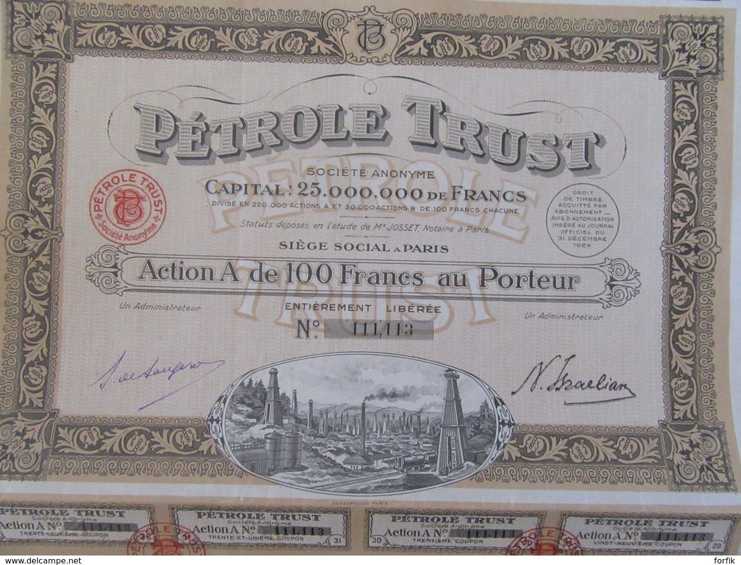 Achat Immédiat - Pétrole Trust SA - Action De 100 Francs - Complète De Ses Coupons - 31/12/1924 - Aardolie