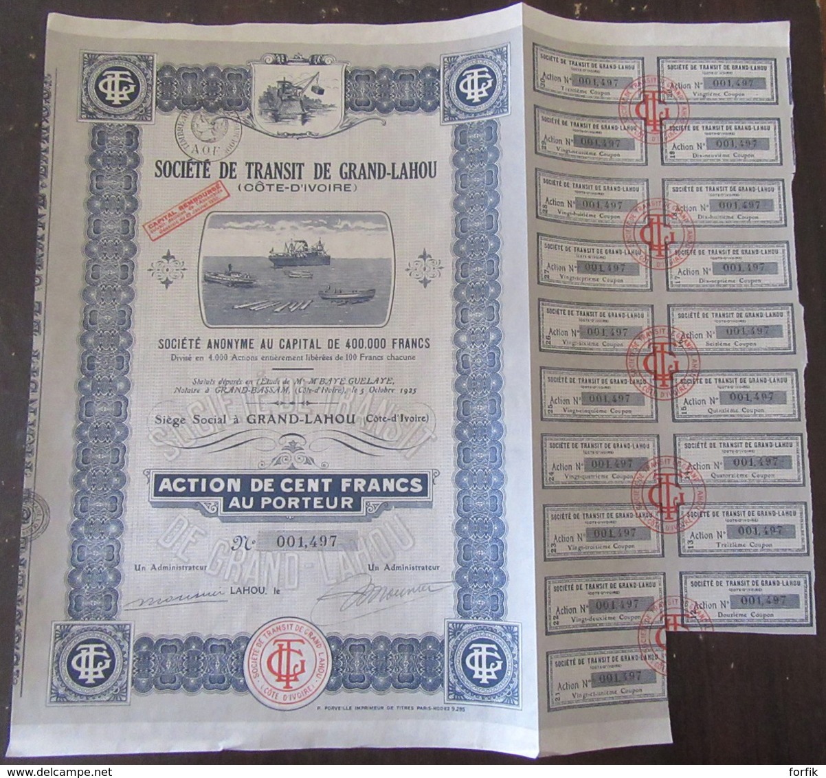 Achat Immédiat - Côte D'Ivoire - Société De Transit De Grand-Lahou - Action De 100 Francs - 1925 - Navigation