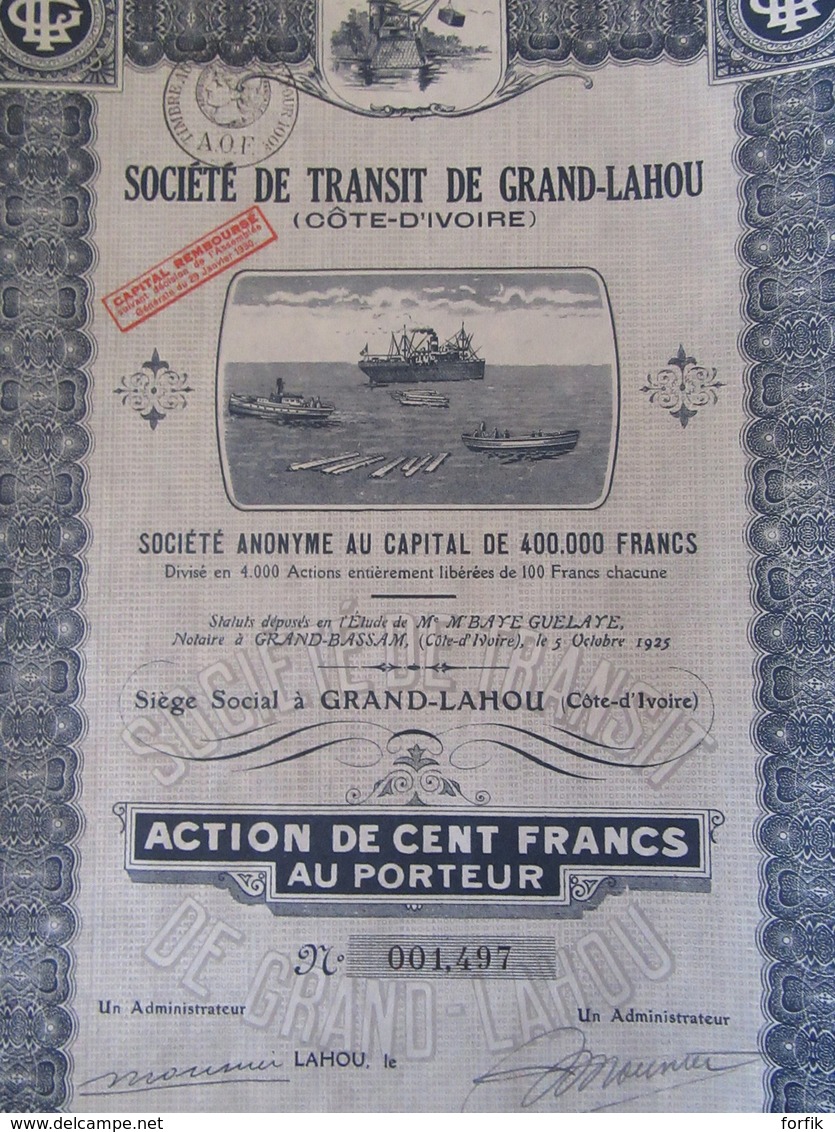 Achat Immédiat - Côte D'Ivoire - Société De Transit De Grand-Lahou - Action De 100 Francs - 1925 - Navigazione