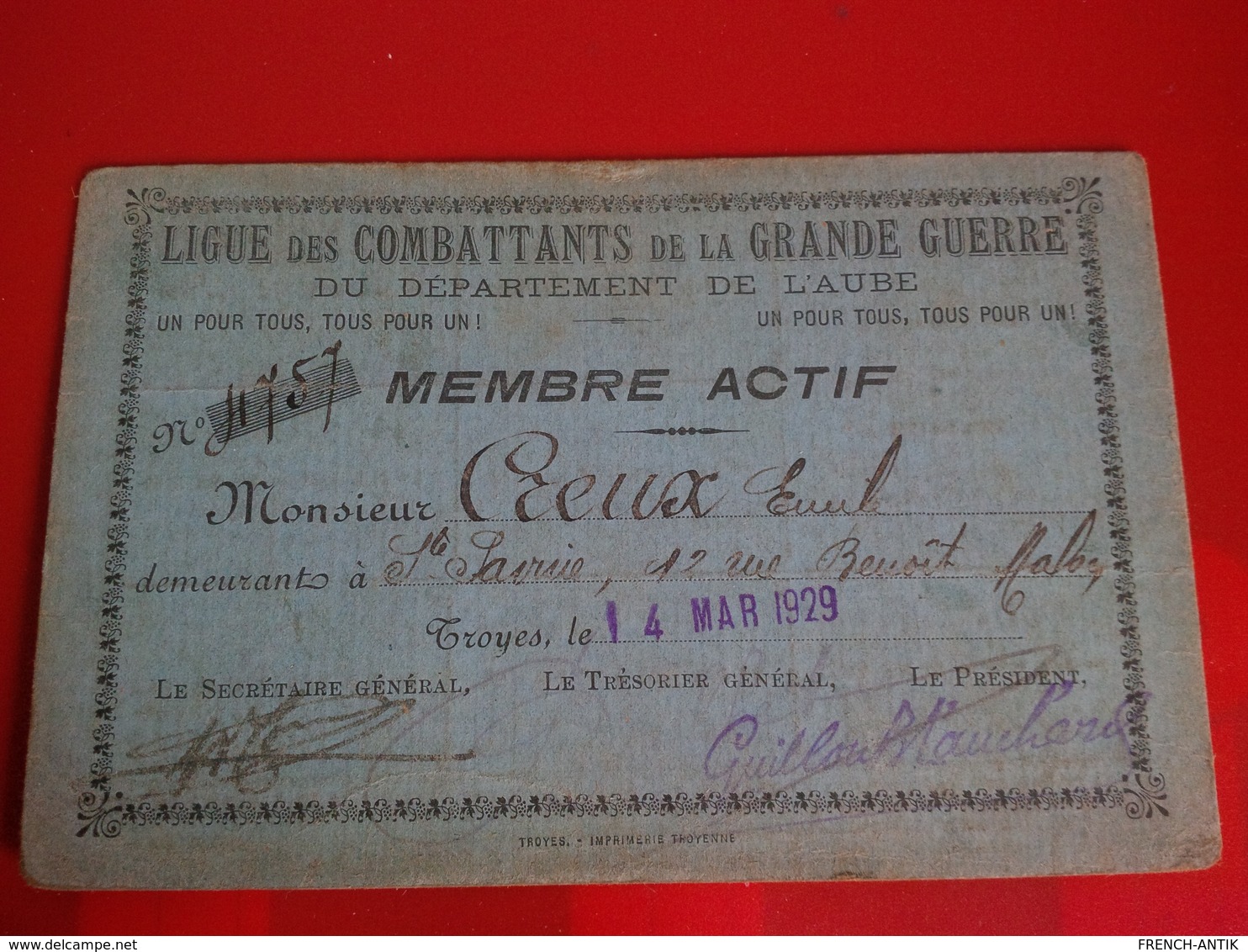 LIGUE DES COMBATTANTS DE LA GRANDE GUERRE DEPARTEMENT DE L AUBE 1929 - Unclassified