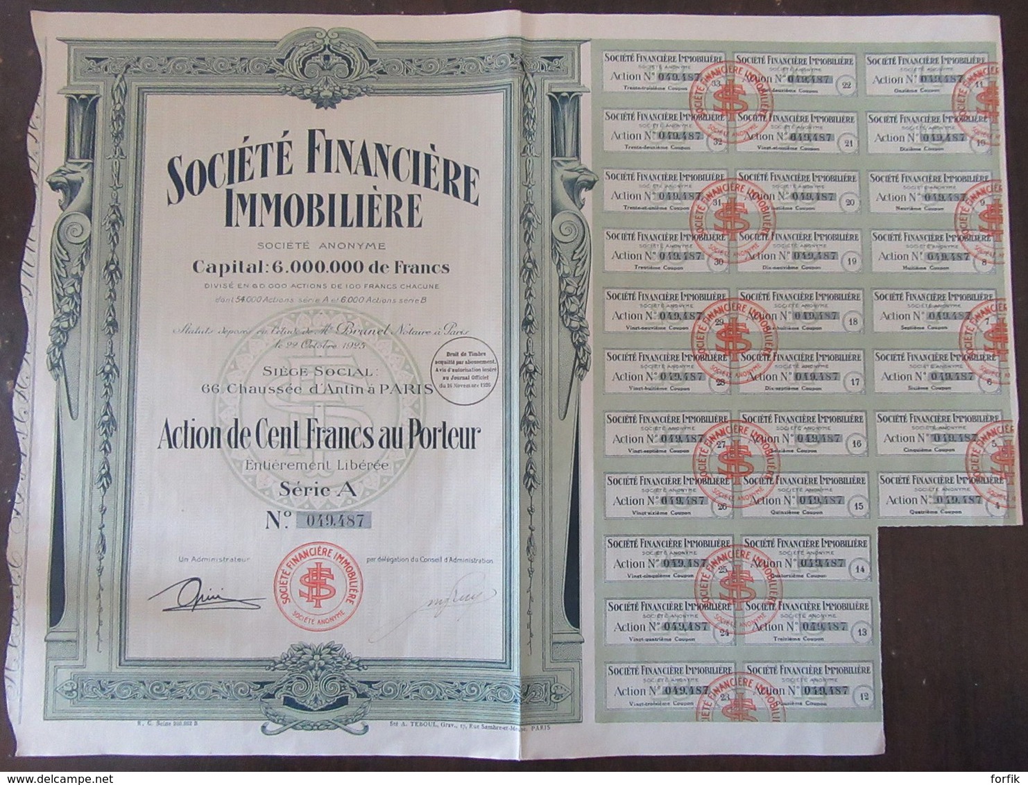 Achat Immédiat - Société Financière Immobilière - Action De 100 Francs  - à Paris, 1925 / 1926 - S - V
