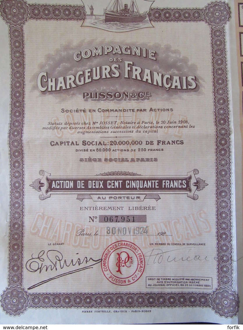 Achat Immédiat - Compagnie Des Chargeurs Français Plisson & Cie - Action De 250 Francs Complète - 1924 - Navy