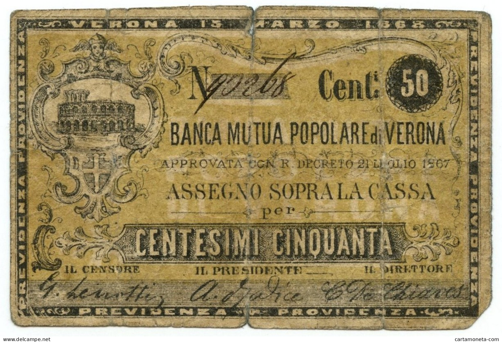 50 CENTESIMI BIGLIETTO FIDUCIARIO BANCA MUTUA POPOLARE DI VERONA 15/03/1868 MB+ - Altri & Non Classificati
