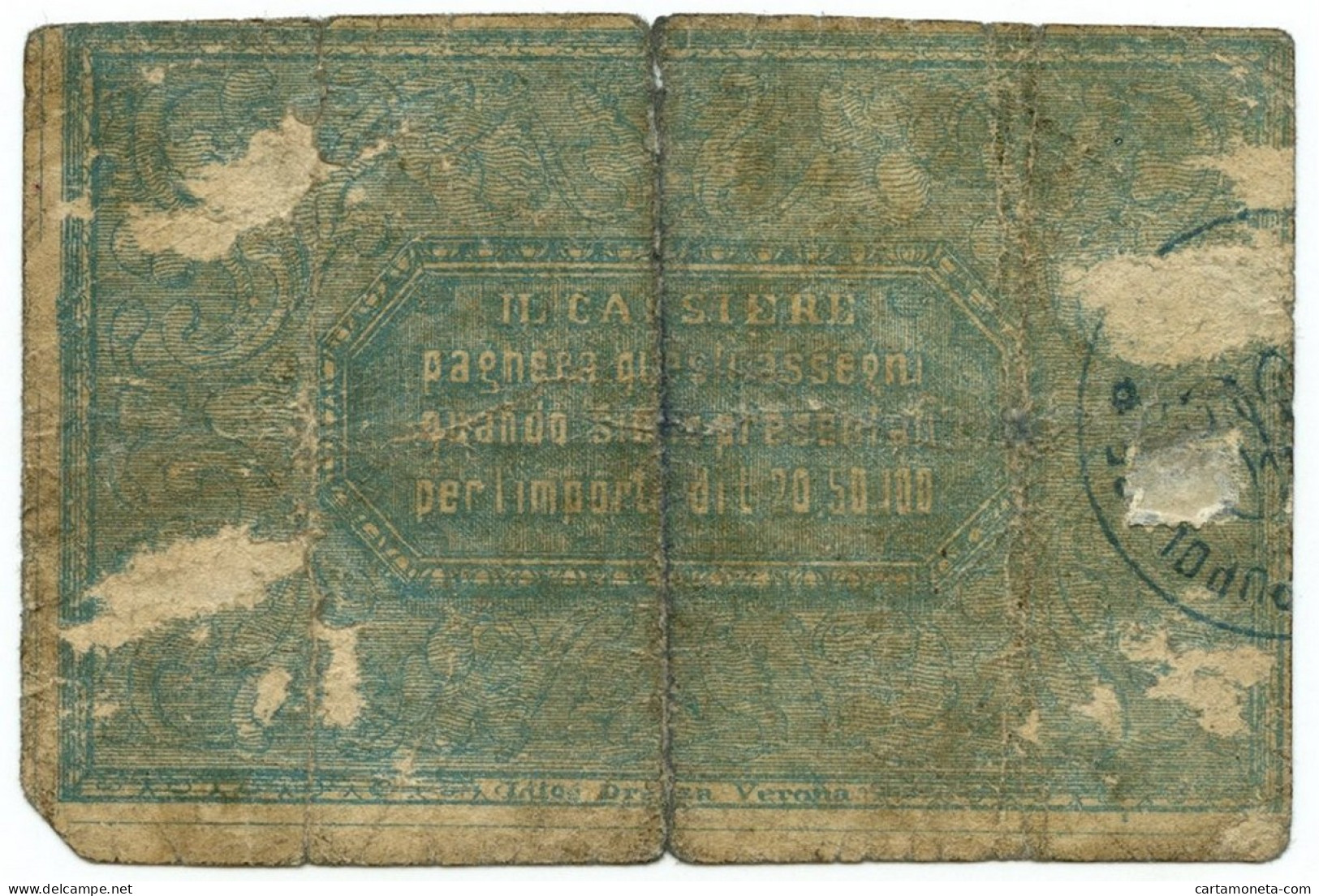 50 CENTESIMI BIGLIETTO FIDUCIARIO BANCA MUTUA POPOLARE DI VERONA 15/03/1868 MB+ - Altri & Non Classificati