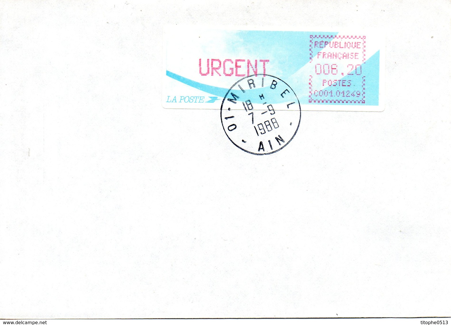 FRANCE. Timbre De Distributeurs N°130 De 1988. Type B. Sur Enveloppe. Appareil Miribel. - 1988 Type « Comète »