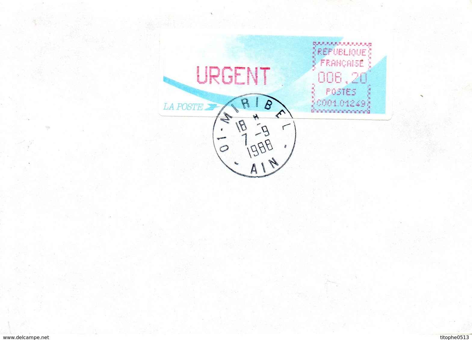 FRANCE. Timbre De Distributeurs N°130 De 1988. Type B. Sur Enveloppe. Appareil Miribel. - 1988 Type « Comète »
