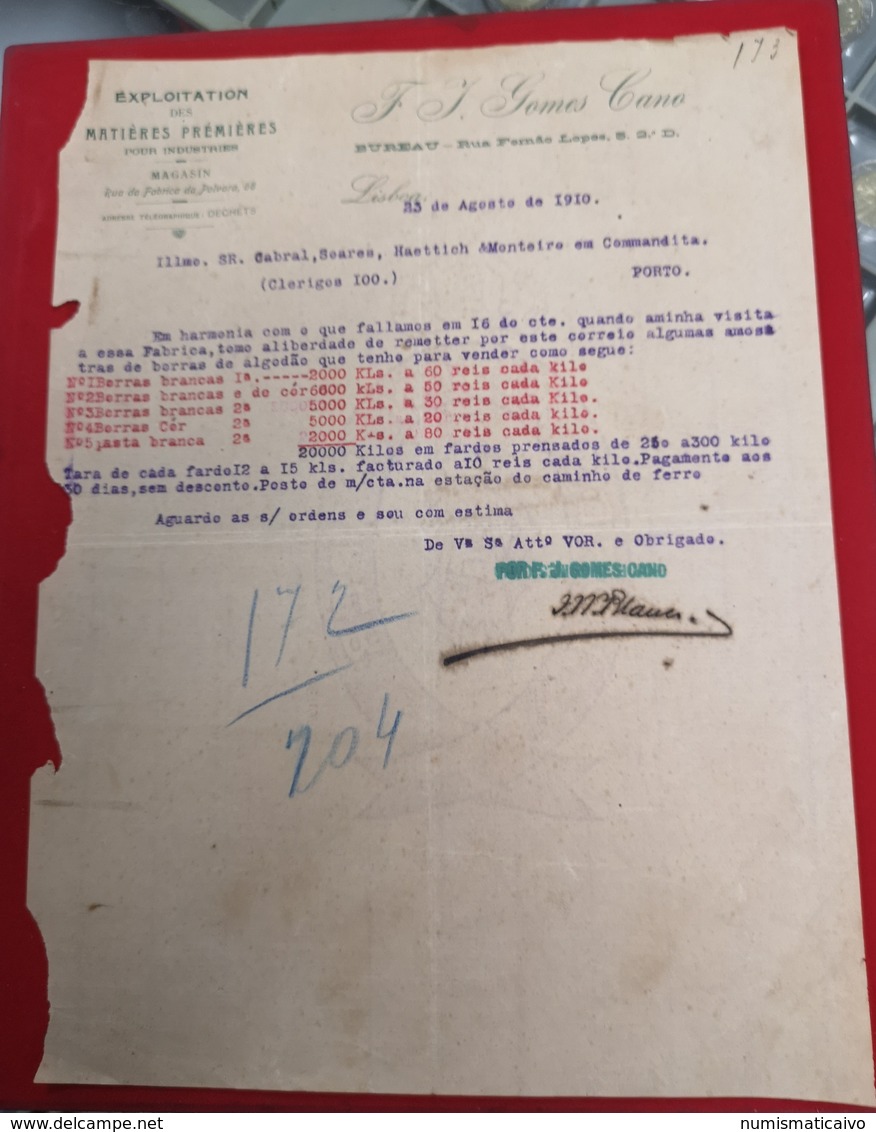 DOCUMENTO  23 Agosto 1910 Preços Algodão - Portugal