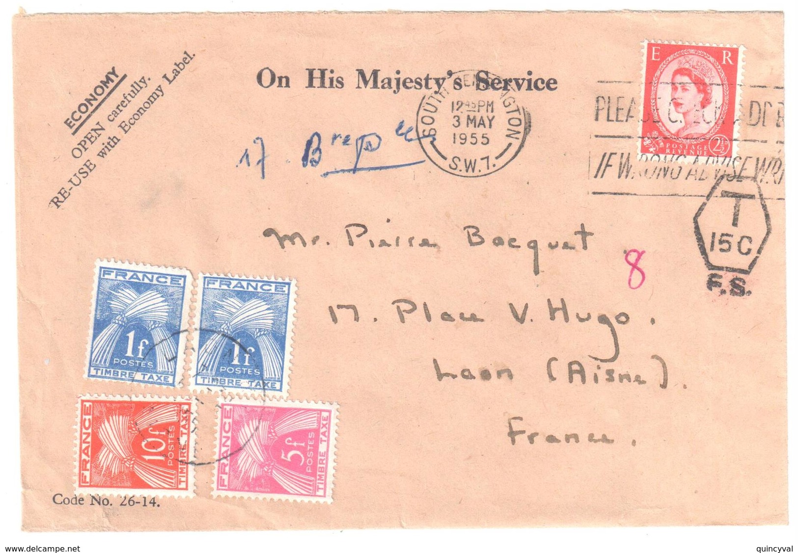 LAON Aisne Lettre Grande Bretagne Angleterre 2 1/2 D Elisabeth Ob 1955 17 F Taxe Gerbes Yv T 81 85 86 - 1859-1959 Briefe & Dokumente