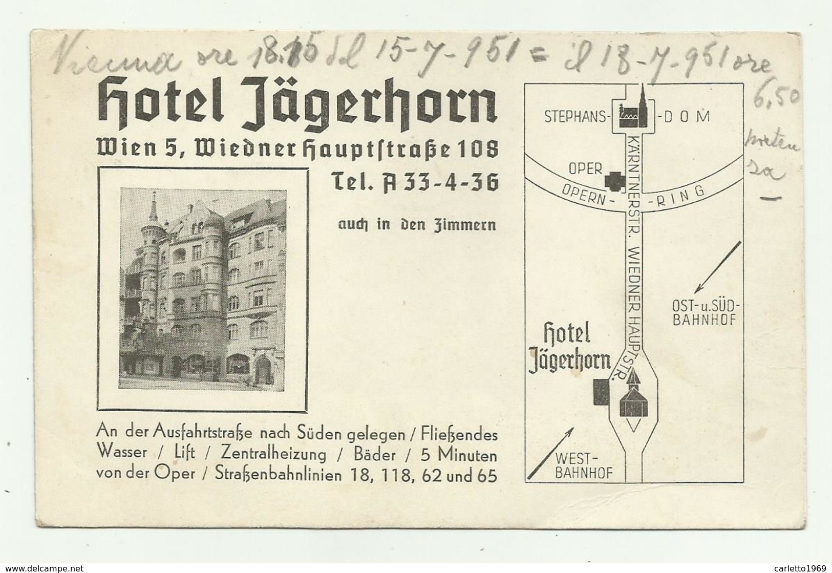 WIEN - HOTEL JAGERHORN 1951 - BIGLIETTO  - NV FP - Pubblicitari