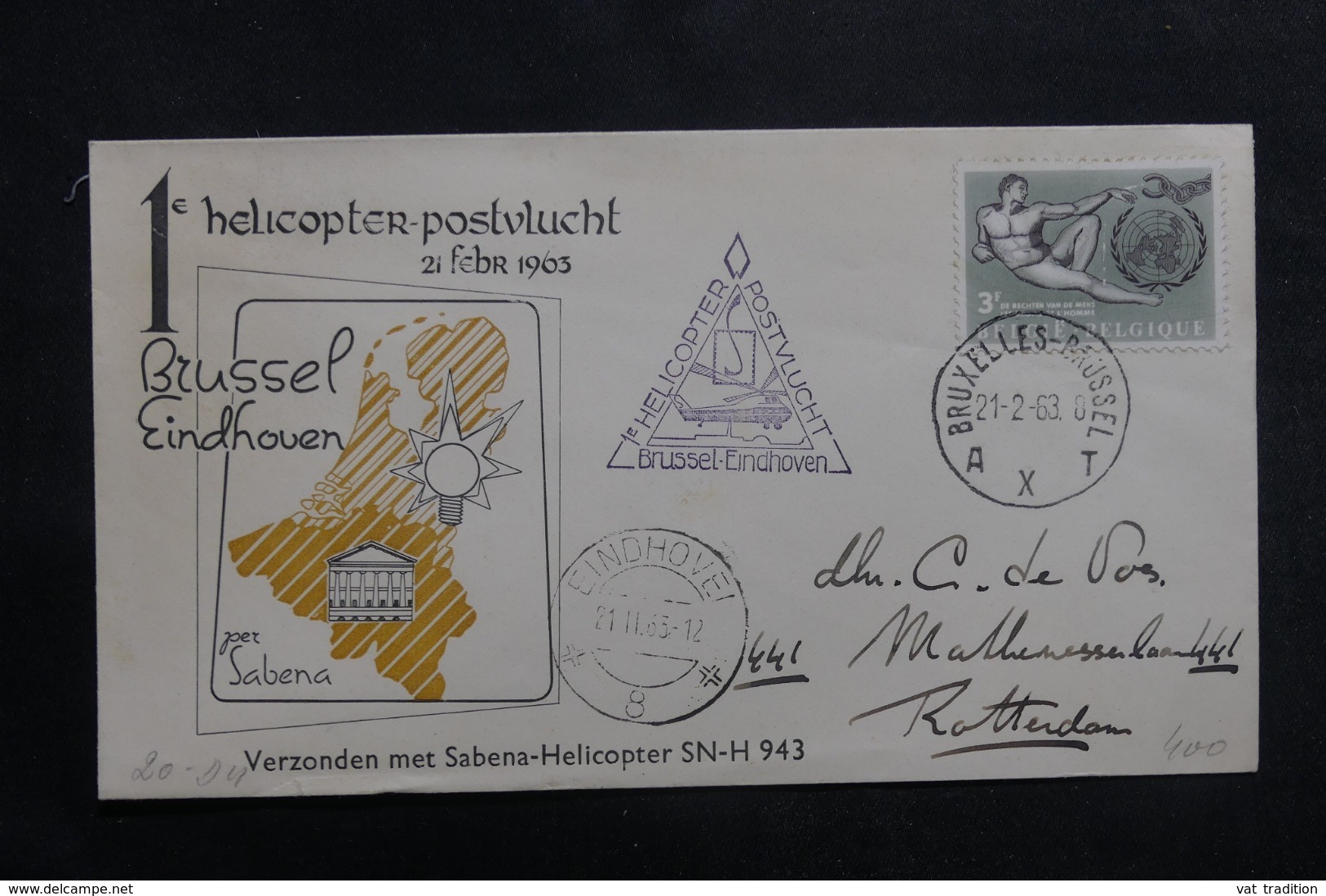 BELGIQUE - Enveloppe 1er Vol Par Hélicoptère Bruxelles / Eindhoven En 1963 - L 41344 - Covers & Documents