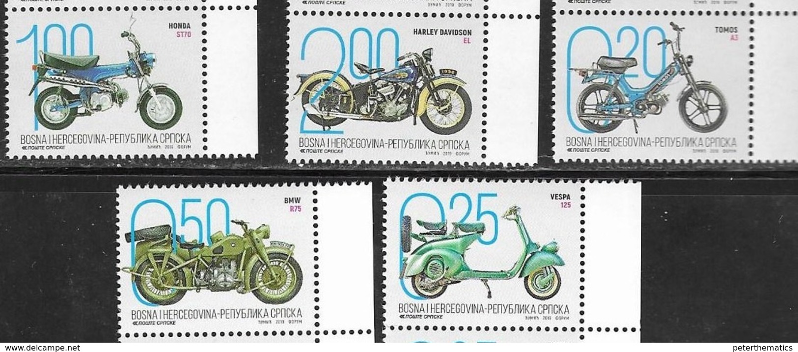 BOSNIA SERB , 2019, MNH, MOTORBIKES, MOTORCYCLES, BMW, HARLEY DAVIDSON, VESPA, 5v - Moto