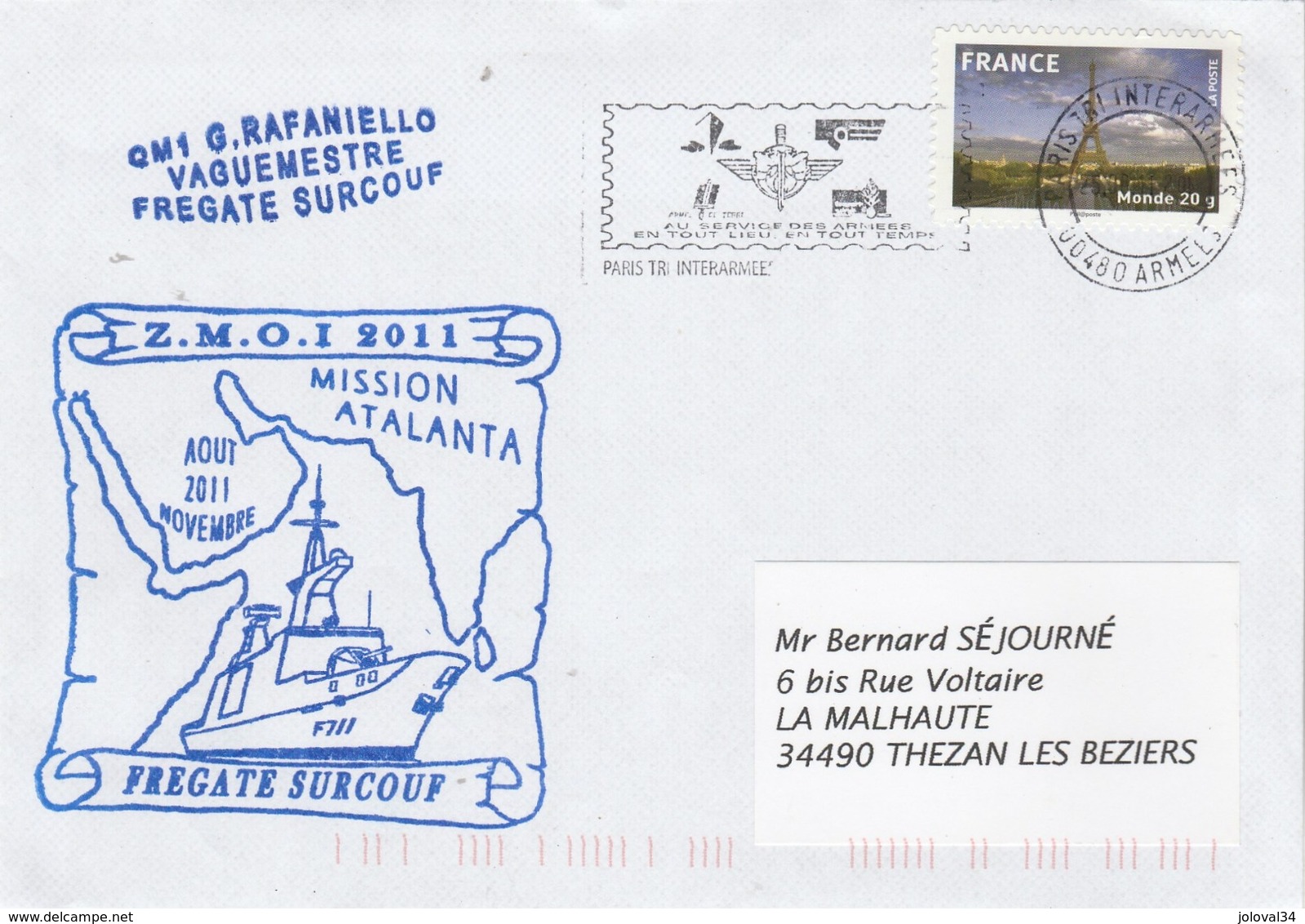 Mission ATALANTA Et ZMOI 2011 Frégate SURCOUF Cachet Flamme Paris Tri Interarmées - Enveloppe 2 - Naval Post