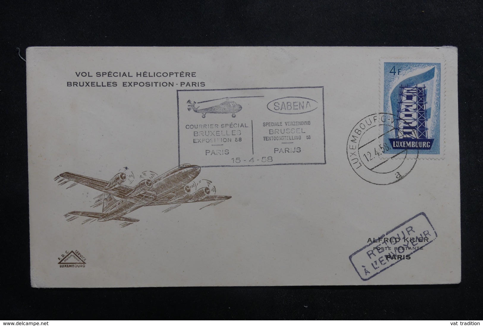 LUXEMBOURG - Enveloppe Par Vol Spécial Par Hélicoptère Bruxelles / Paris En 1958 - L 41351 - Covers & Documents