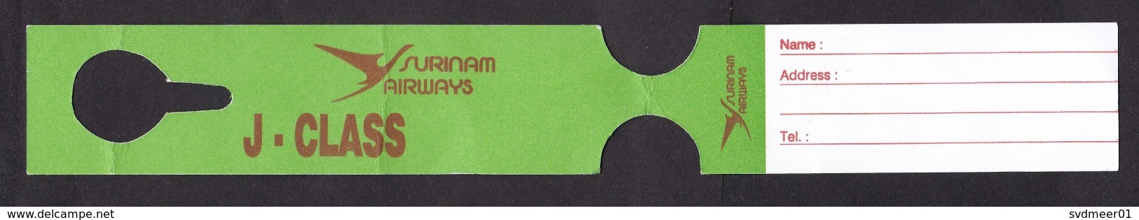 Suriname: Surinam Airways (SLM): Luggage Label, Baggage Tag, J-Class Cabin Baggage, Aviation (minor Creases) - Baggage Etiketten