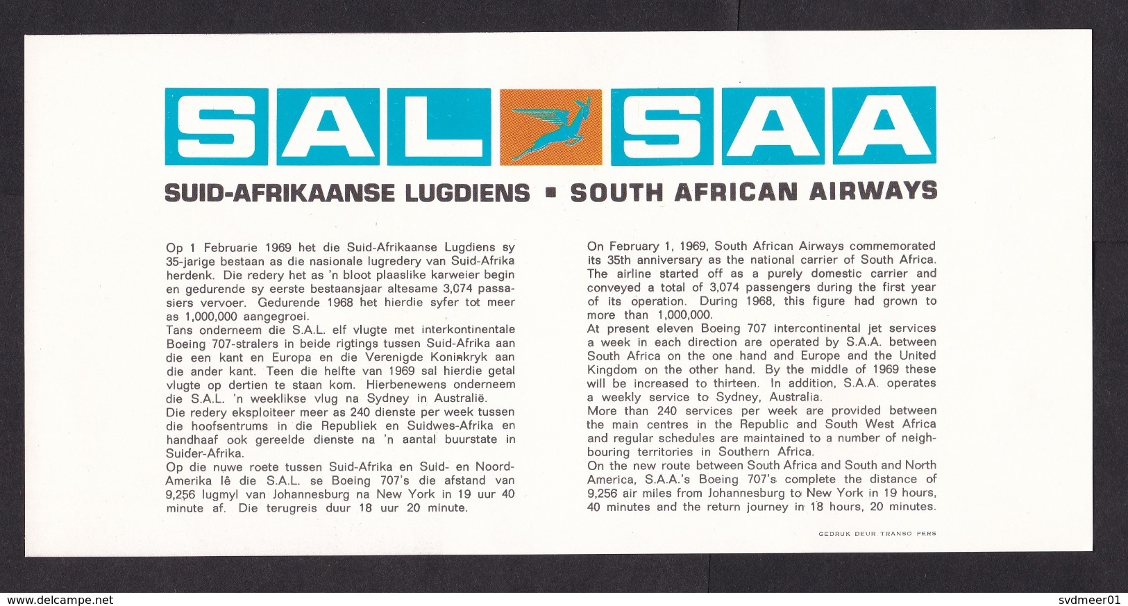 South African Airways SAA / SAL: Advertorial Card, Advertisment, Aviation, Airlines, Transport (traces Of Use) - Advertenties