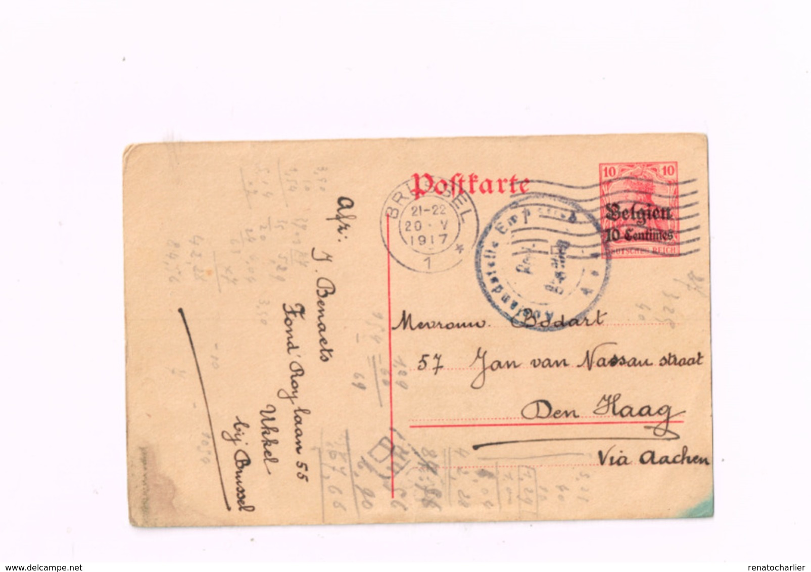 Entier Postal à 10 Centimes.Expédié De Bruxelles à Den Haag (Censure Emmerich) - Occupation Allemande