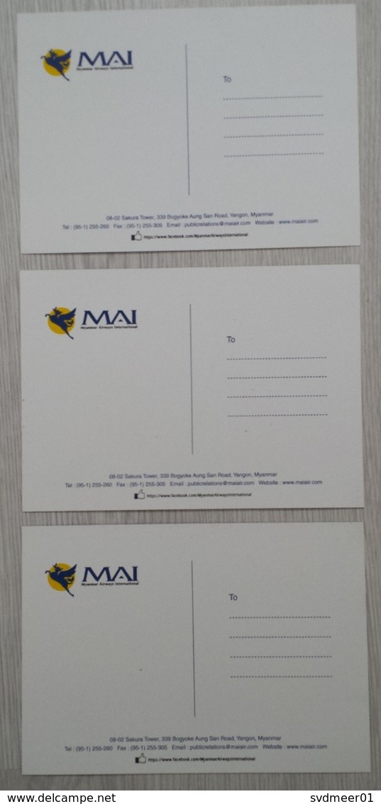 Myanmar Airways International MAI: Set Of 3x Picture Postcard, Airplane (traces Of Use) - Cadeaux Promotionnels