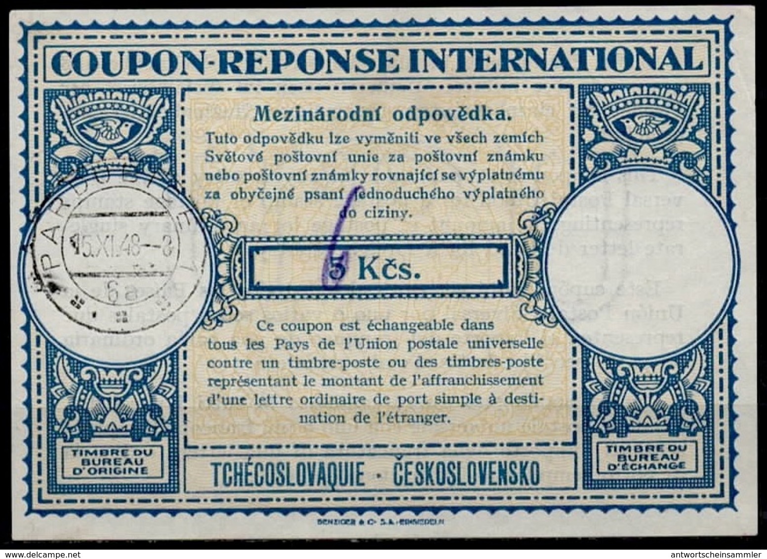 TCHÉCOSLOVAQUIE / CZECHOSLOVAKIA  Lo14  ms. 6 / 5 Kcs Int. Reply Coupon Reponse Antwortschein IAS IRC O PARDUBICE 15.11. - Covers & Documents