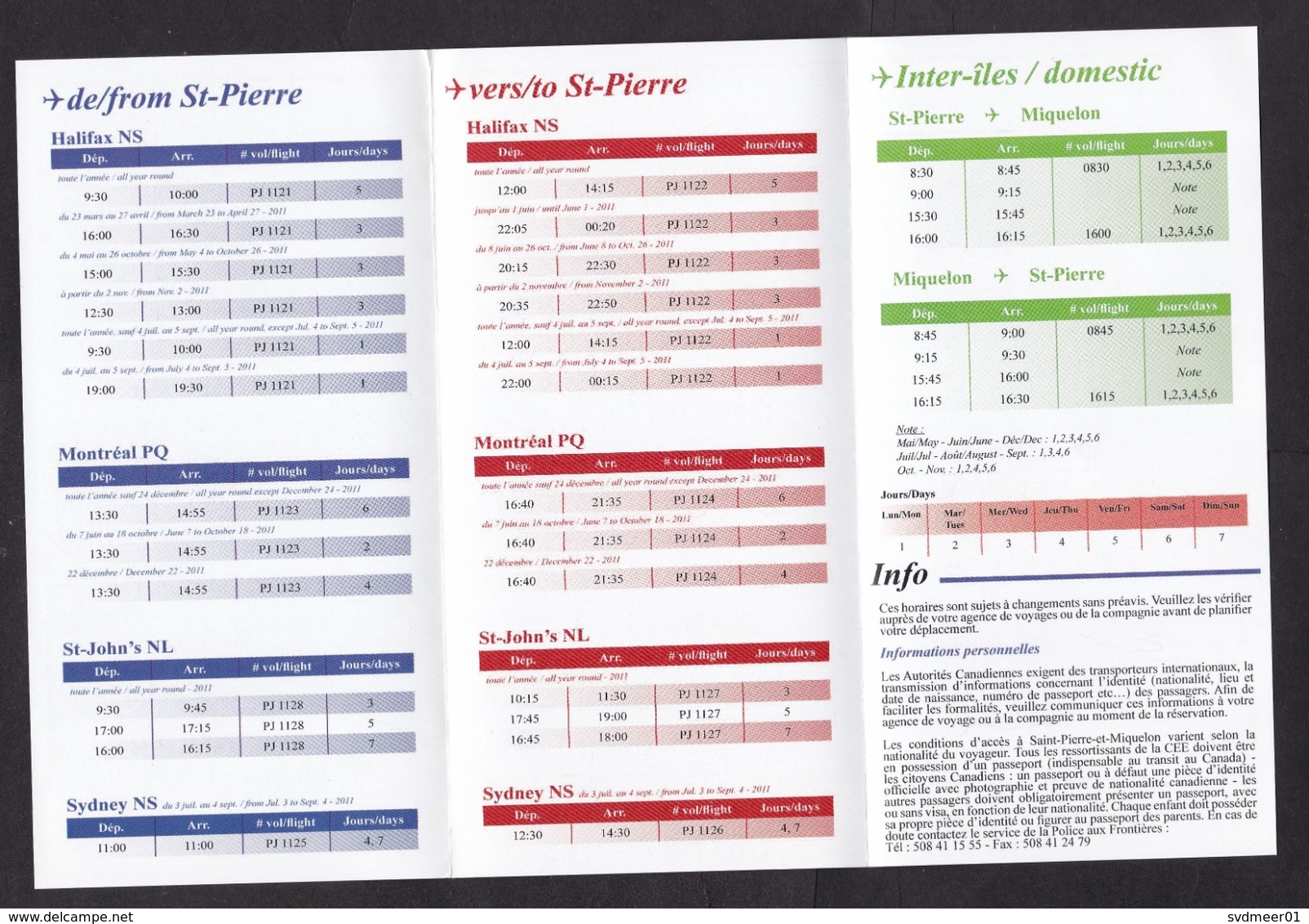 Air Saint-Pierre: Time Table Booklet, 2011, St Pierre & Miquelon Airline, Flight Information (traces Of Use) - Horaires