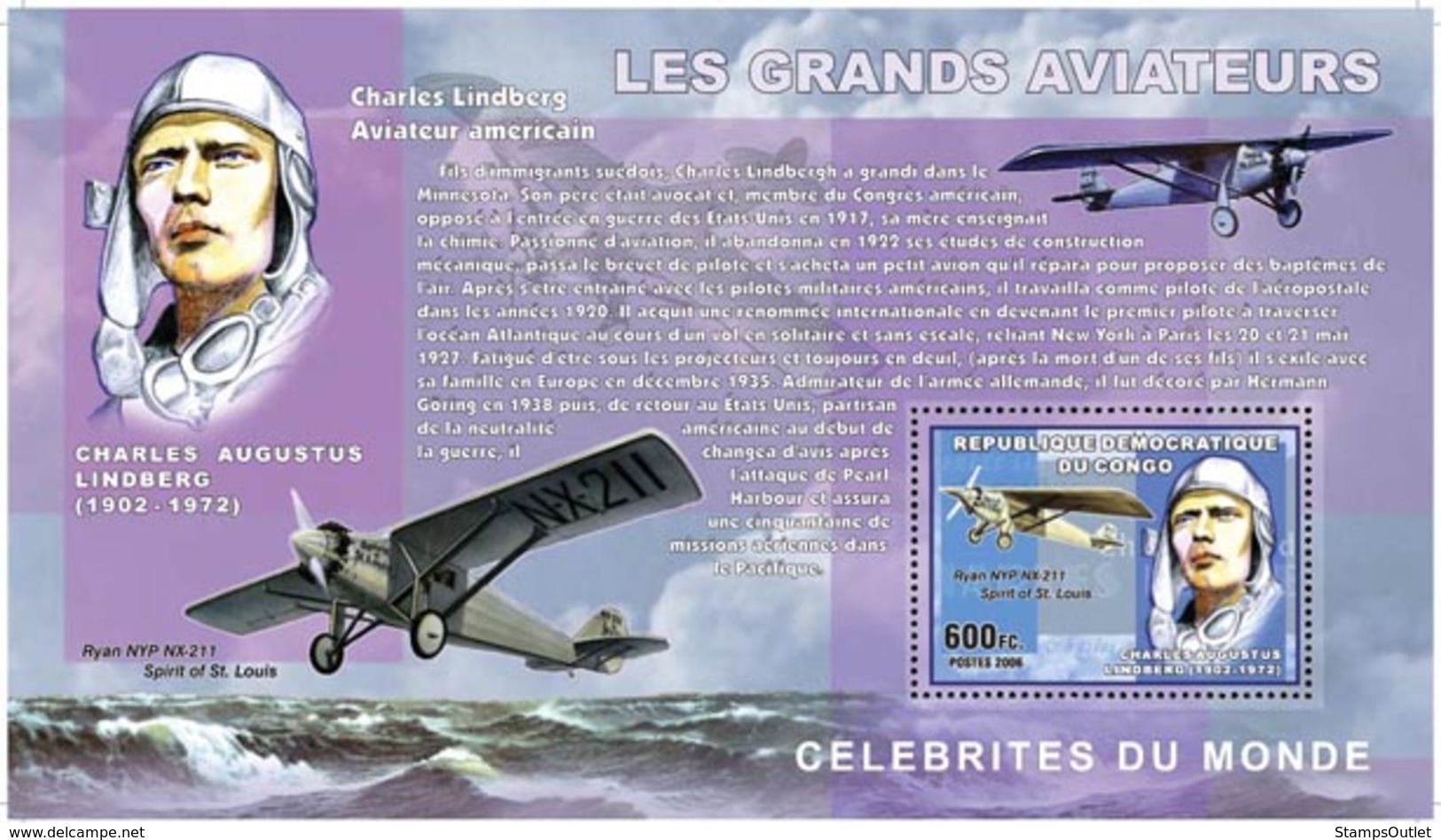 Congo 2006 - IMPERFORATED Les Grands Aviateurs (Charles Lindbergh) S/s - Ungebraucht