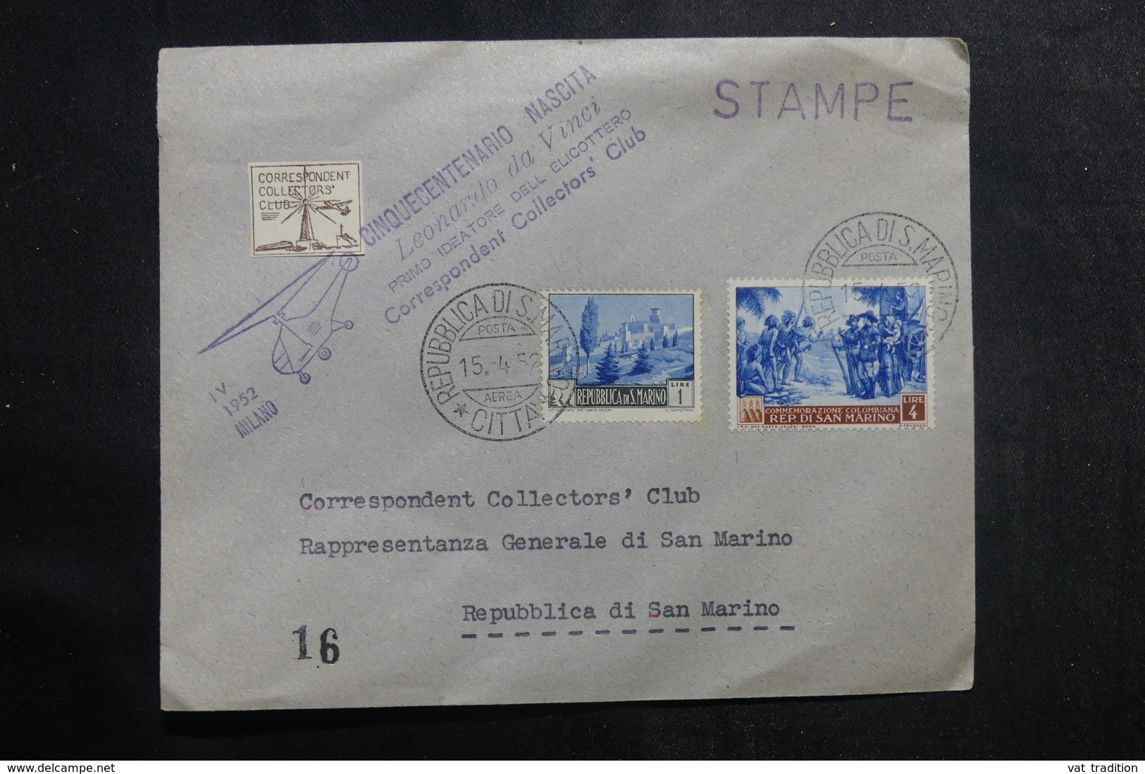 SAINT MARIN - Enveloppe Par Vol Par Hélicoptère En 1952 - L 41395 - Storia Postale