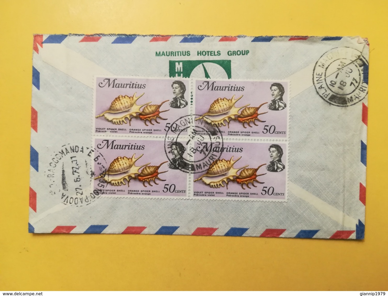 1977 BUSTA INTESTATA VIAGGIATA MAURITIUS AIR MAIL BOLLO MARINE LIFE RACCOMANDATA OBLITERE PLAINE MAGNIEN - Mauritius (1968-...)