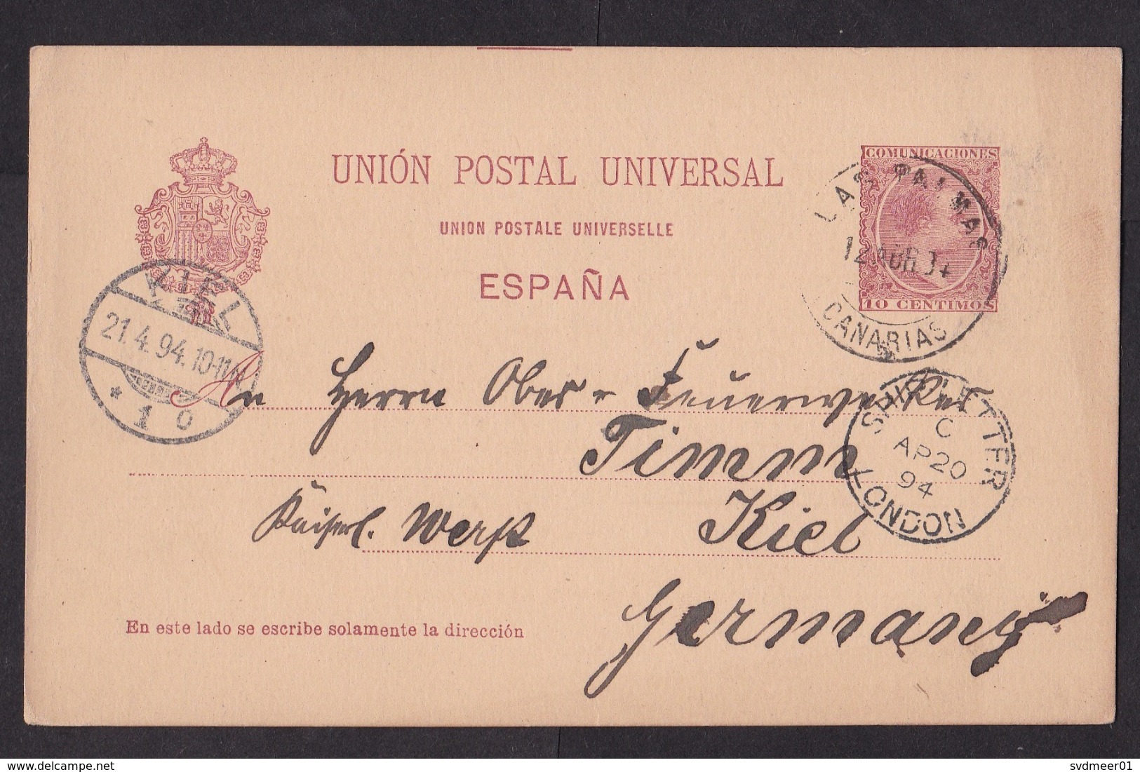 Spain: Stationery Postcard To Germany 1894, Las Palmas Canary Islands Via London, Cancel Ship Letter (minor Discolouring - Brieven En Documenten
