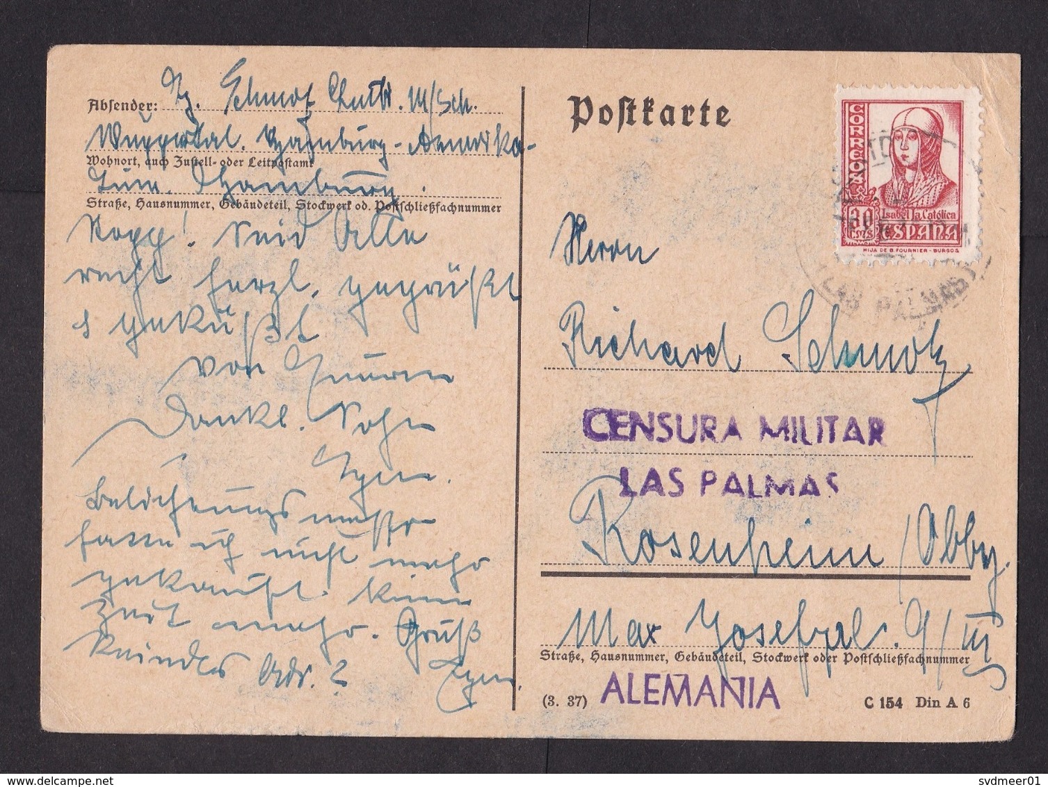 Spain: Postcard To Germany, 1938, 1 Stamp, Censored, Military Censor Cancel Las Palmas Canary Islands (traces Of Use) - Brieven En Documenten