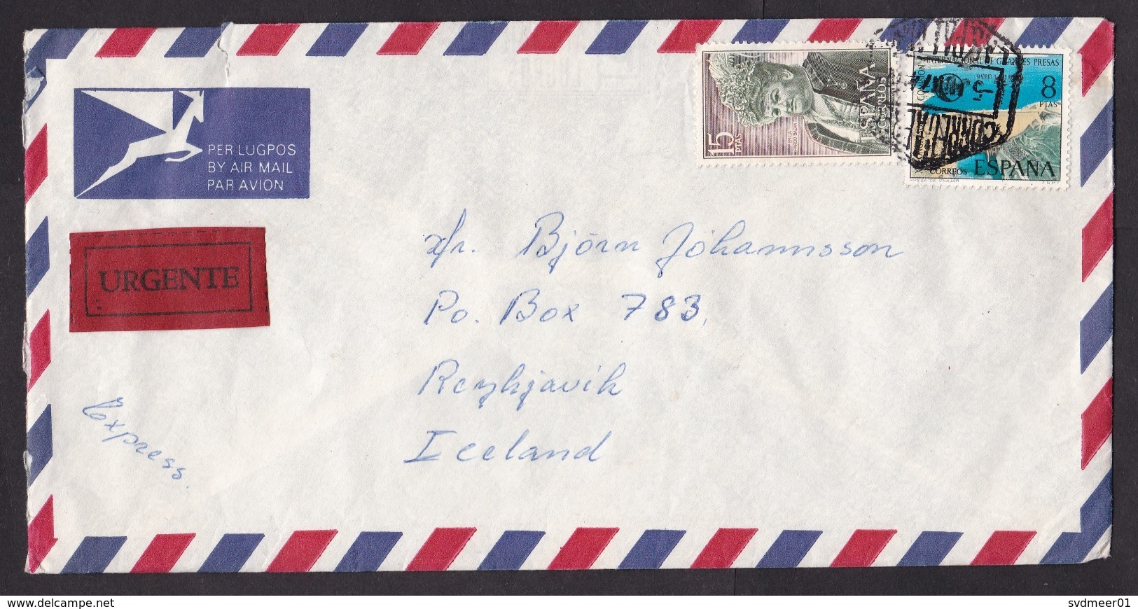 Spain: Express Airmail Cover To Iceland, 1974, 2 Stamps, Cancel Las Palmas, Canary Islands, Label (roughly Opened) - Brieven En Documenten