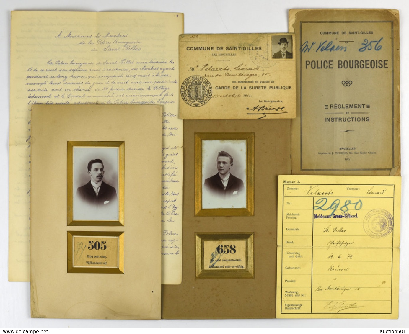 28684g Première Guerre Mondiale  - Police Bourgeoise De Saint-Gilles. Ensemble De 11 Documents Et Photographies - Documents