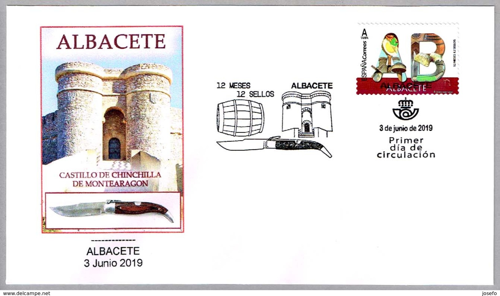 12 MESES - 12 SELLOS - ALBACETE - Castillo De Cinchilla - Navaja - Pocketknife. SPD/FDC Albacete 2019 - Castillos