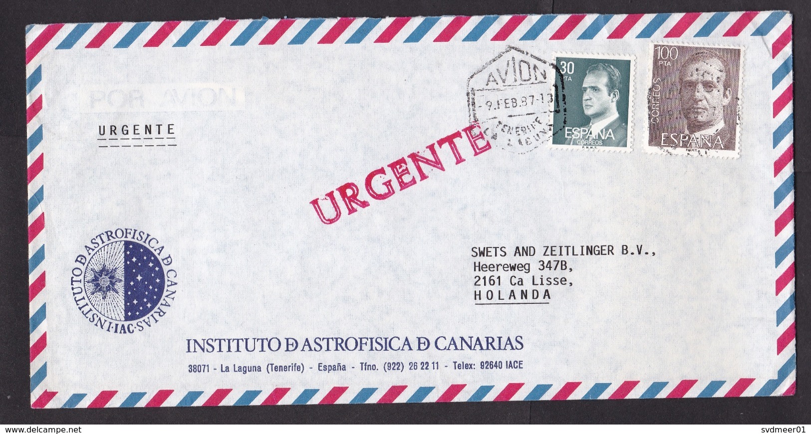 Spain: Express Cover To Netherlands, 1987, 2 Stamps, Cancel Laguna Tenerife, Canary Islands (minor Discolouring) - Brieven En Documenten