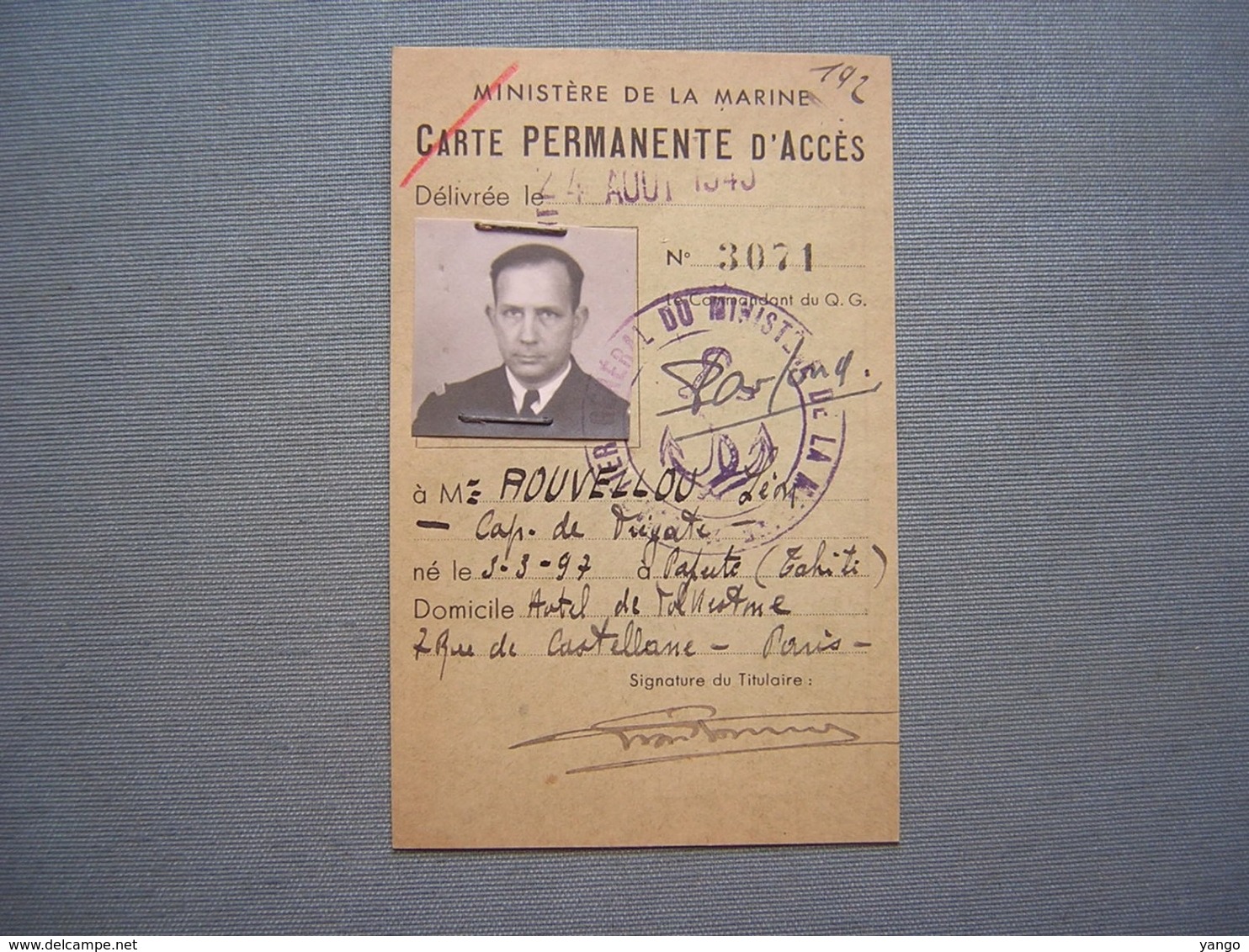 MINISTERE DE LA MARINE - CARTE PERMANENTE D'ACCES 1940 - Documenti Storici