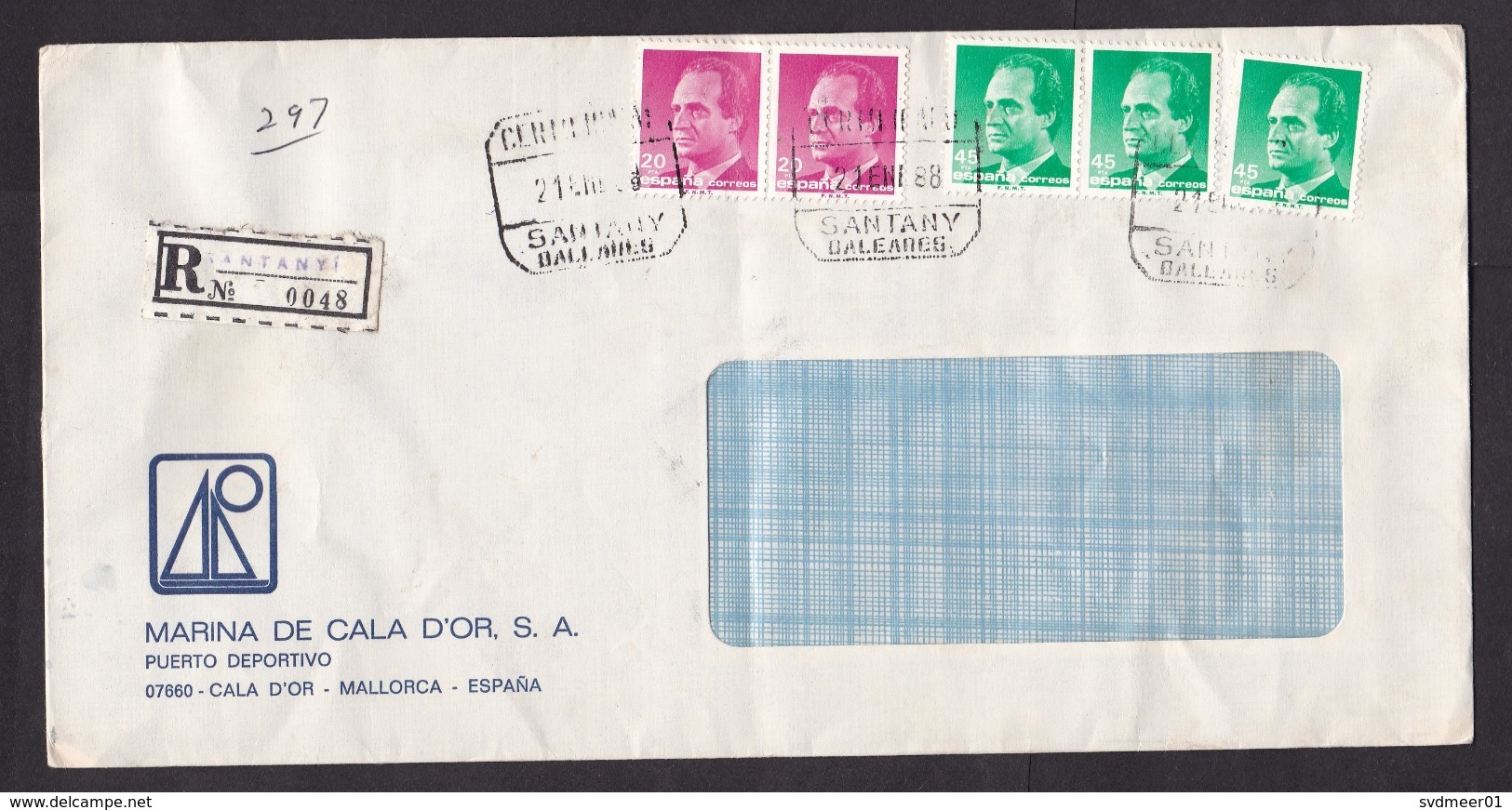 Spain: Registered Cover, 1988, 5 Stamps, R-label Santany, Mallorca, Balearic Islands (damaged, See Scan) - Brieven En Documenten