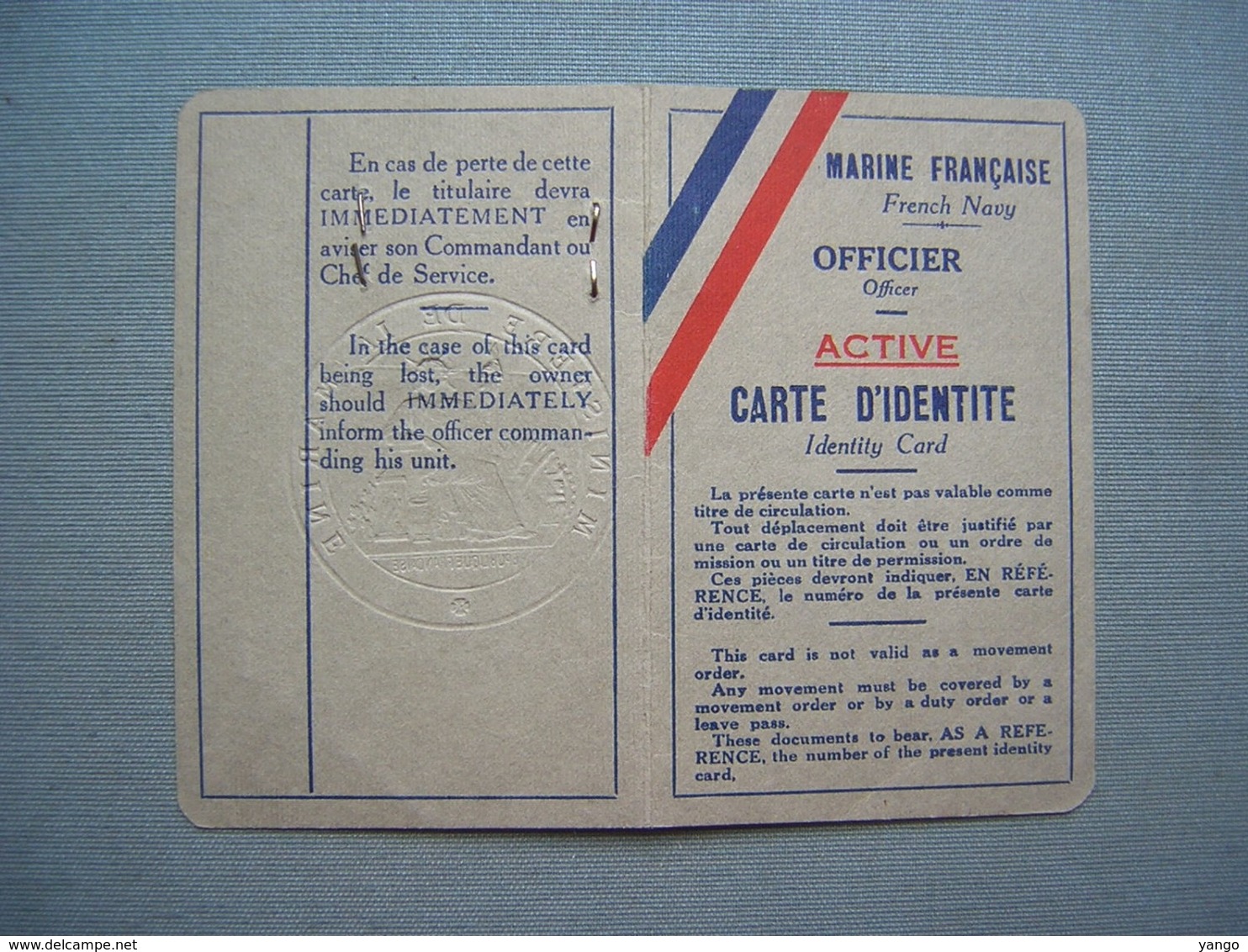 MARINE FRANCAISE - CARTE OFFICIER EN ACTIVITE 1945 - Documents Historiques