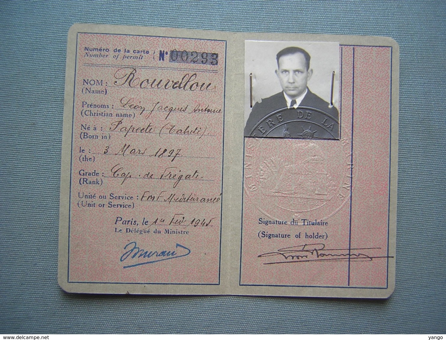 MARINE FRANCAISE - CARTE OFFICIER EN ACTIVITE 1945 - Documents Historiques