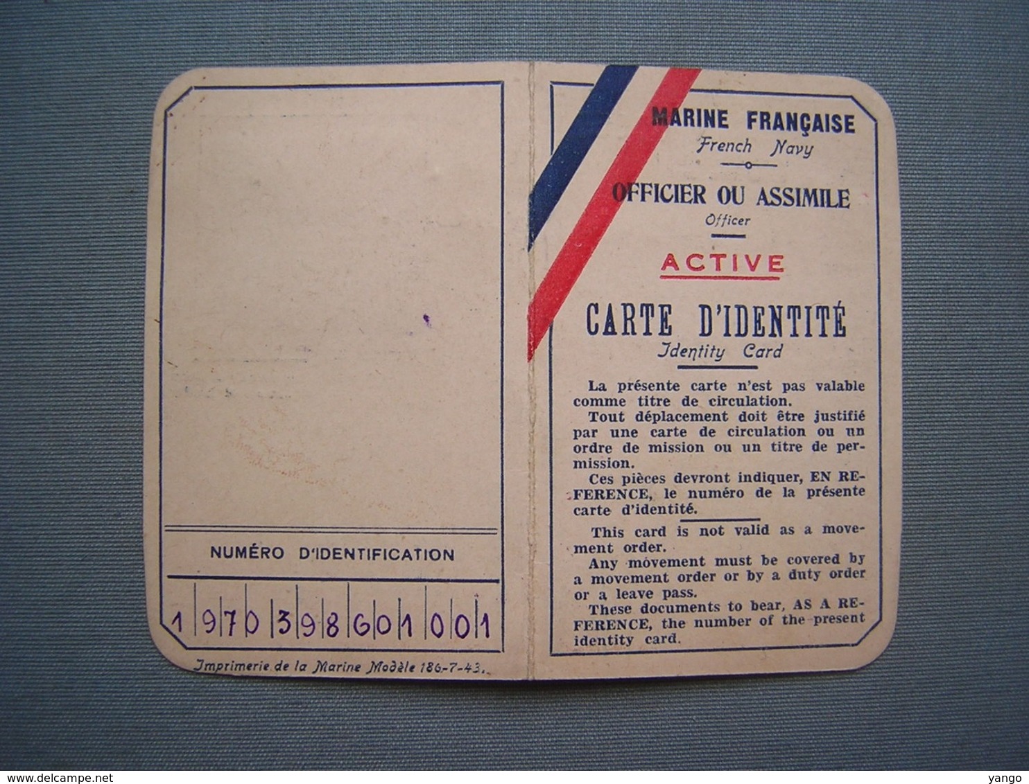 MARINE FRANCAISE - CARTE OFFICIER EN ACTIVITE - CASABLANCA 1943 - Documents Historiques