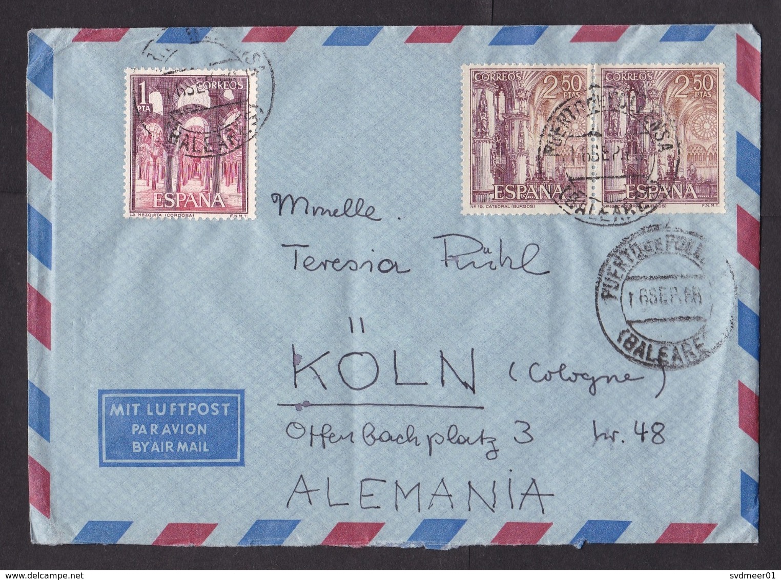 Spain: Airmail Cover To Germany, 1968, 3 Stamps, Cancel Puerto De Pollensa, Mallorca, Balearic Islands (minor Damage) - Brieven En Documenten