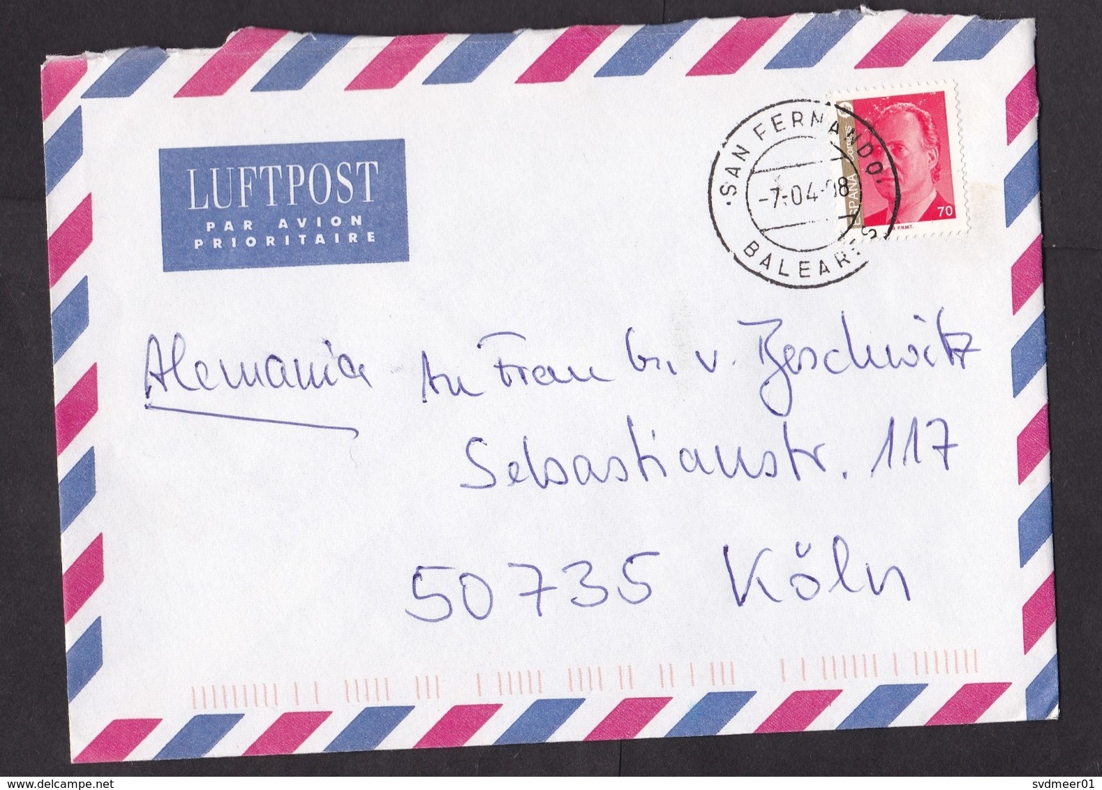 Spain: Airmail Cover To Germany, 1998, 1 Stamp, Cancel San Fernando, Ibiza, Balearic Islands (minor Damage) - Briefe U. Dokumente