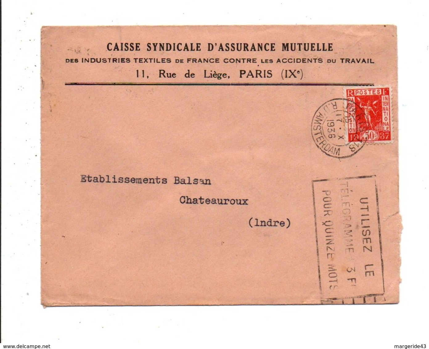 N° 325 SEUL SUR LETTRE DE PARIS 118 1936 - 1921-1960: Période Moderne